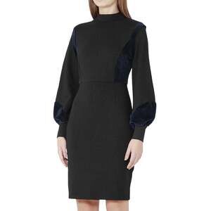 REISS Lulu Velvet Panel Ponte Sheath Dress Long Sleeves in Black / Blue Bodycon
